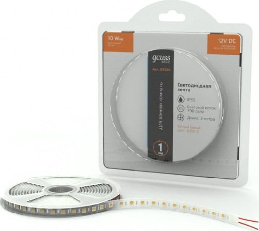 Лента светодиодная GAUSS BT050 basic 12v 10w/m 700lm/m 3000k ip65 led 3m