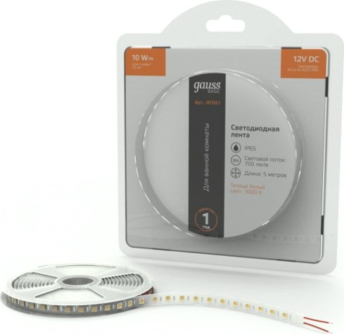 Лента светодиодная GAUSS BT051 basic 12v 10w/m 700lm/m 3000k ip65 led 5m