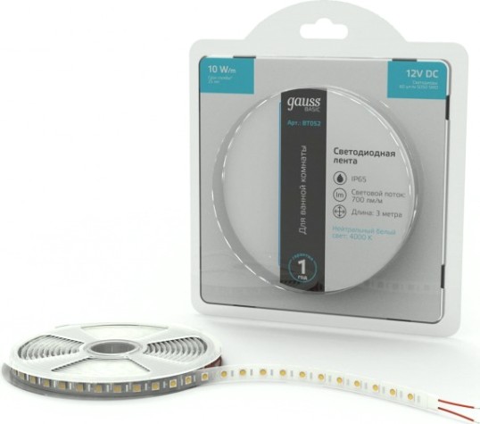 Лента светодиодная GAUSS BT052 basic 12v 10w/m 700lm/m 4000k ip65 led 3m