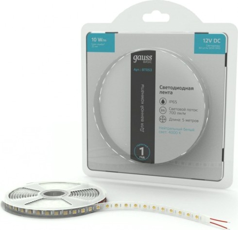 Лента светодиодная GAUSS BT053 basic 12v 10w/m 700lm/m 4000k ip65 led 5m