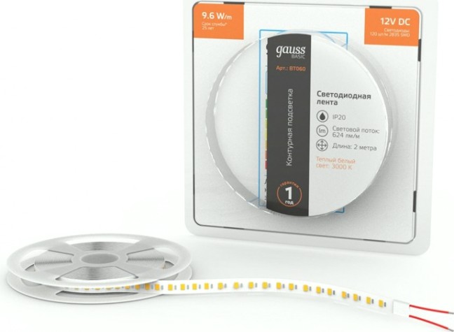 Лента светодиодная GAUSS BT060 basic 12v 9,6w/m 624lm/m 3000k ip20 led 2m