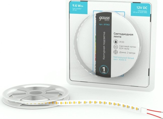 Лента светодиодная GAUSS BT062 basic 12v 9,6w/m 624lm/m 4000k ip20 led 2m