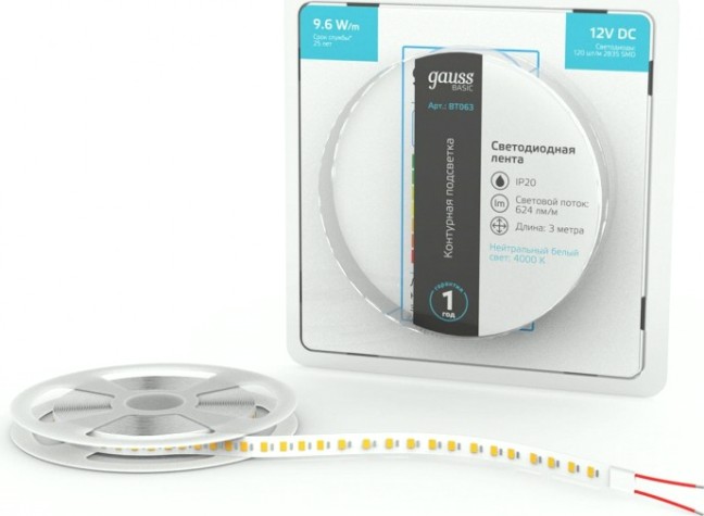 Лента светодиодная GAUSS BT063 basic 12v 9,6w/m 624lm/m 4000k ip20 led 3m Лента светодиодная GAUSS BT063 basic 12v 9,6w/m 624lm/m 4000k ip20 led 3m