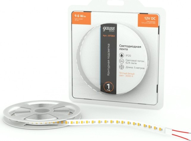 Лента светодиодная GAUSS BT064 basic 12v 9,6w/m 624lm/m 3000k ip20 led 5m