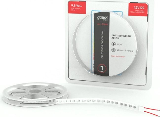 Лента светодиодная GAUSS BT066 basic 12v 9,6w/m 624lm/m красный ip20 led 3m