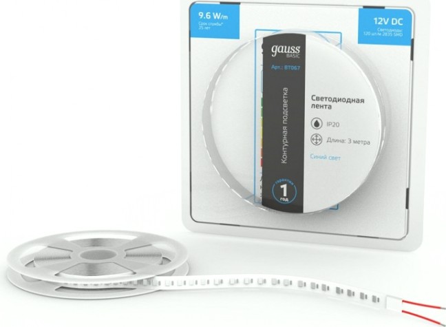Лента светодиодная GAUSS BT067 basic 12v 9,6w/m 624lm/m синий ip20 led 3m