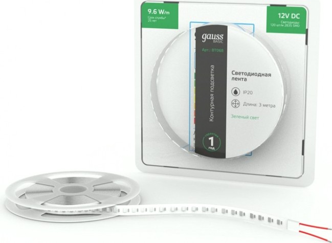 Лента светодиодная GAUSS BT068 basic 12v 9,6w/m 624lm/m зеленый ip20 led 3m