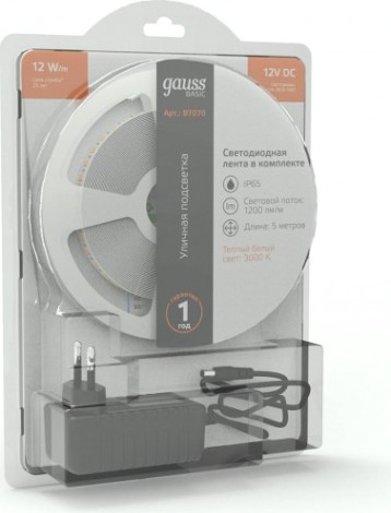 Лента светодиодная GAUSS BT070 basic в комплекте 12v 12w/m 1200lm/m 3000k ip65 le