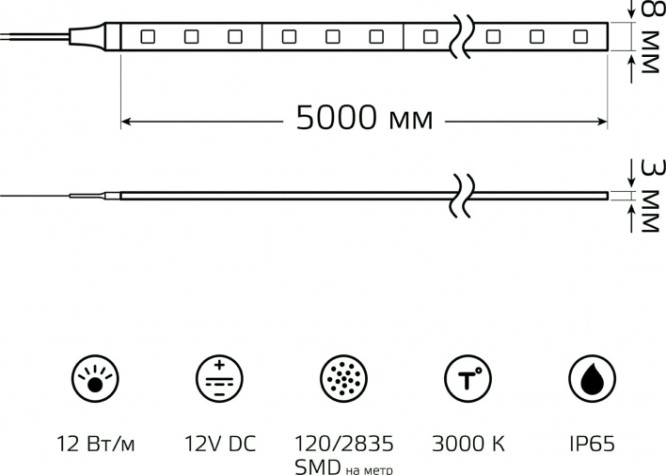Лента светодиодная GAUSS BT070 basic в комплекте 12v 12w/m 1200lm/m 3000k ip65 le