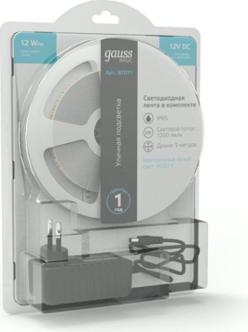 Лента светодиодная GAUSS BT071 basic в комплекте 12v 12w/m 1200lm/m 4000k ip65 le