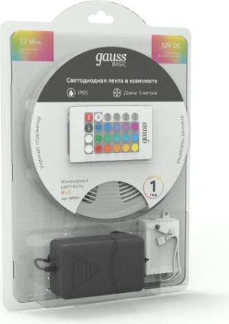 Лента светодиодная GAUSS BT072 basic в комплекте 12v 12w/m 780lm/m rgb ip65 led 5