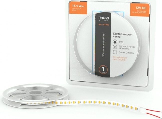 Лента светодиодная GAUSS BT080 basic 12v 14,4w/m 1400lm/m 3000k ip20 led 2m