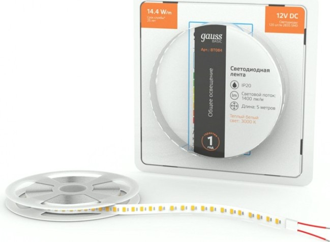 Лента светодиодная GAUSS BT084 basic 12v 14,4w/m 1400lm/m 3000k ip20 led 5m