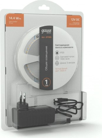 Лента светодиодная GAUSS BT085 basic в комплекте 12v 14,4w/m 1400lm/m 3000k ip20