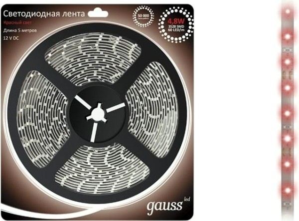 Лента светодиодная GAUSS EB311000705 led 3528/60-smd 4.8w 12v dc красный ip66 (блистер