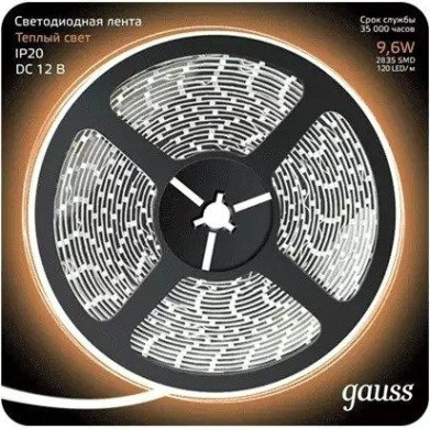 Лента светодиодная GAUSS LED 2835/120-smd 9.6w 12v dc теплый белый (блистер 5м) [312000110]