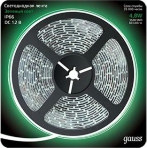 Лента светодиодная GAUSS LED 2835/60-smd 4.8w 12v dc зеленый ip66 (блистер 5м) [311000605]