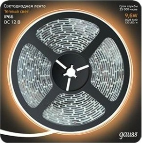 Лента светодиодная GAUSS LED 3528/120-smd 9.6w 12v dc теплый белый ip66 (блисте [EB311000110]