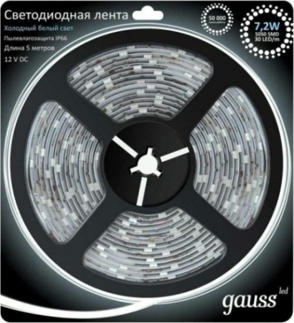 Лента светодиодная GAUSS LED 5050/30-smd 7.2w 12v dc холодный белый ip66 (блист [311000307]