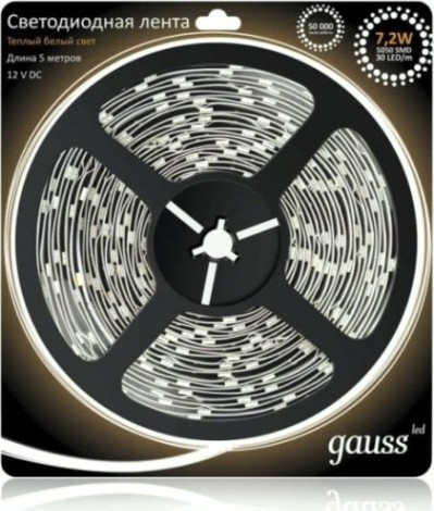 Лента светодиодная GAUSS LED 5050/30-smd 7.2w 12v dc теплый белый (блистер 5м) [312000107]