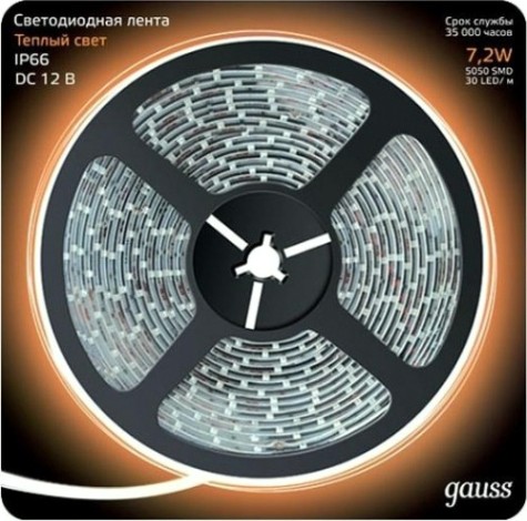 Лента светодиодная GAUSS LED 5050/30-smd 7.2w 12v dc теплый белый ip66 (блистер [311000107]