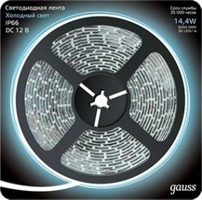 Лента светодиодная GAUSS LED 5050/60-smd 14.4w 12v dc холодный белый ip66 (блис [311000314]