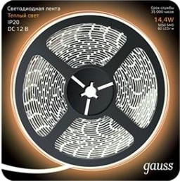 Лента светодиодная GAUSS LED 5050/60-smd 14.4w 12v dc теплый белый (блистер 5м) [312000114]