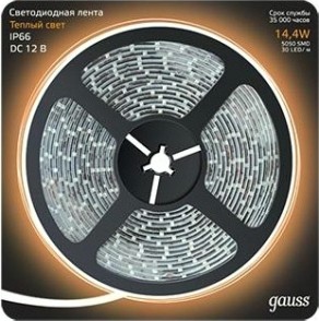 Лента светодиодная GAUSS LED 5050/60-smd 14.4w 12v dc теплый белый ip66 (блисте [311000114]