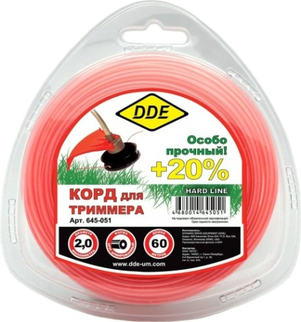 Леска триммерная DDE Hard line (2,0 ммх60 м; круг армированный; серая/красная) [645-051]