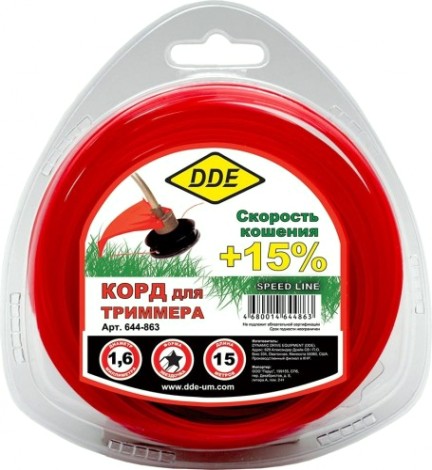 Леска триммерная DDE звезда в блистере "speed line" 1,6 ммх15 м, красный [644-863]
