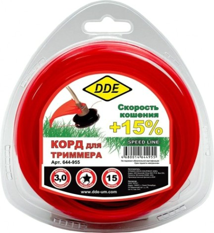 Леска триммерная DDE звезда в блистере "speed line" 3,0 ммх15 м, красный [644-955]