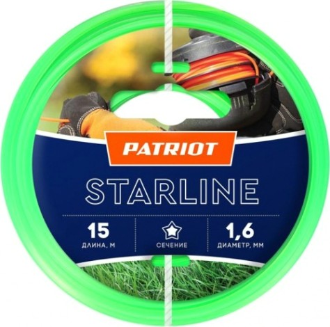 Леска триммерная PATRIOT 1,6 мм/15 м Starline звезда, зеленая [805201051]