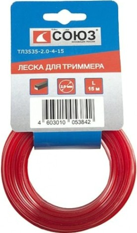 Леска триммерная СОЮЗ ТЛ3535-2.0-4-15 d=2.0 мм, l=15 м, квадрат, красный