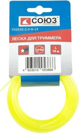 Леска триммерная СОЮЗ ТЛ3535-2.0-8-15 d=2.0 мм, l=15 м, звезда, желтый