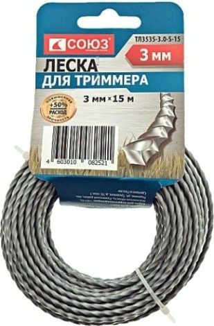 Леска триммерная СОЮЗ ТЛ3535-2.0-S-15 d=2.0 мм, l=15м, крученый квадрат серая