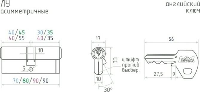 Личинка замка НОРА-М ЛУ-80 (45-35) ассиметр. "Латунь" [12676]