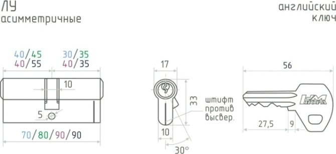 Личинка замка НОРА-М ЛУ-90 (50-40) ассиметр. "Латунь" [12678]