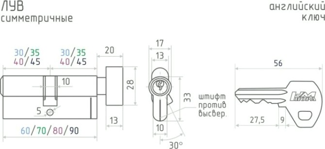 Личинка замка НОРА-М ЛУВ-60 (30-30) с вертушкой "Золото" [5330]
