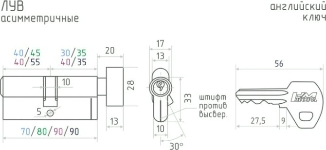 Личинка замка НОРА-М ЛУВ-70 (40-30в) асимметр. с вертушкой "Латунь" [12680]