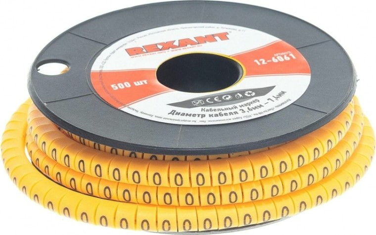 Маркер REXANT EC-2, 12-6061 на кабель, ø 3,6...7,4 мм, цифры 0-9, комплект 10 [12-6061]