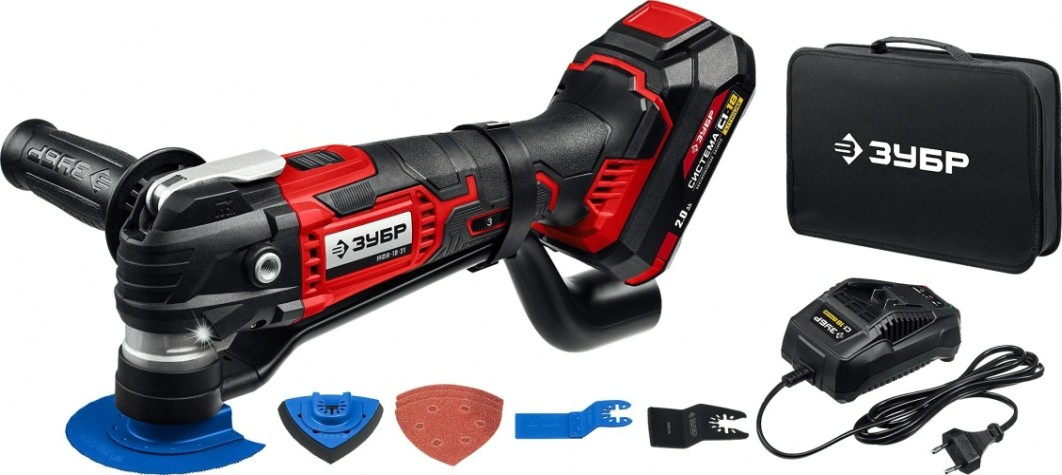 Многофункциональный инструмент аккумуляторный ЗУБР МФИ-18-21 набор насадок