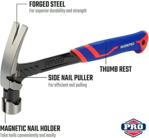 Молоток-гвоздодер WORKPRO WP241013 цельнокованый 450гр