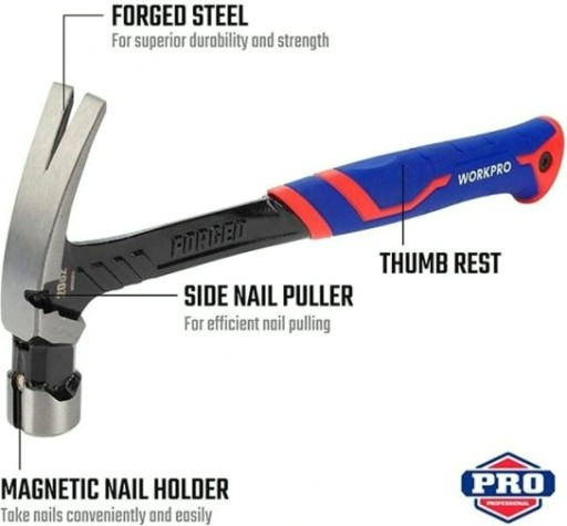 Молоток-гвоздодер WORKPRO WP241014 цельнокованый 560гр