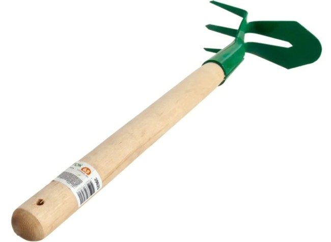 Мотыга-рыхлитель РОСТОК 155x70x425мм с деревянной ручкой, "лепесток+3 зуба" прямая [39625]