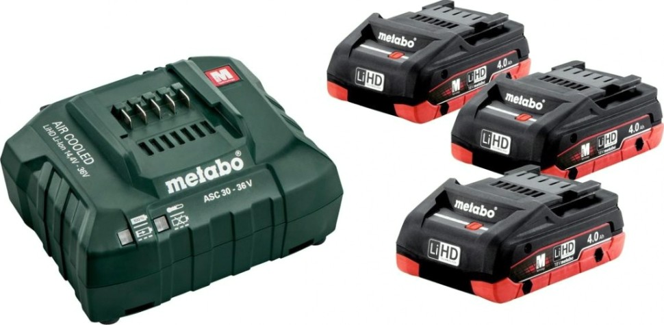 Набор аккумуляторов и зарядное устройство METABO 18V Basic-Set 4.0 LiHD ASC30 3х4.0 Ач [685132000]