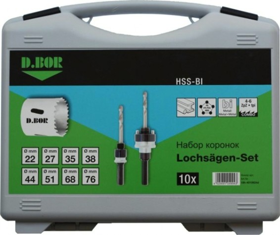 Набор биметаллических коронок D.BOR М42 HSS-Co,(22,27,35,38,44,51,68,76,2 адаптер) [W-017-19H-4010624D]