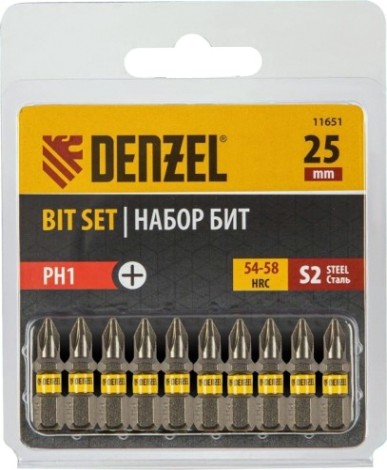 Набор бит Denzel PH1х25 сталь s2, шестигранный профиль, 10 шт. [11651]