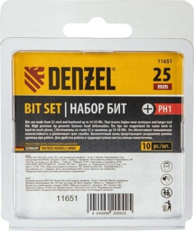 Набор бит Denzel PH1х25 сталь s2, шестигранный профиль, 10 шт. [11651]