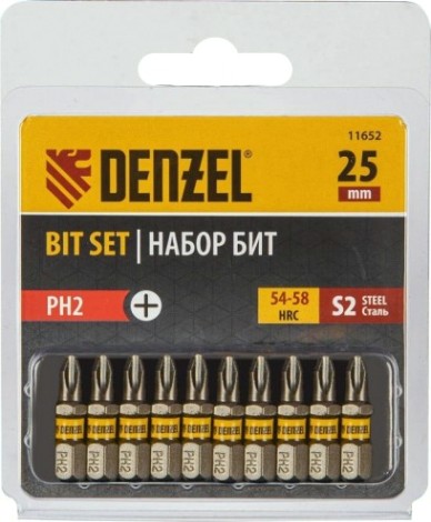 Набор бит Denzel PH2х25 сталь s2, шестигранный профиль, 10 шт. [11652]