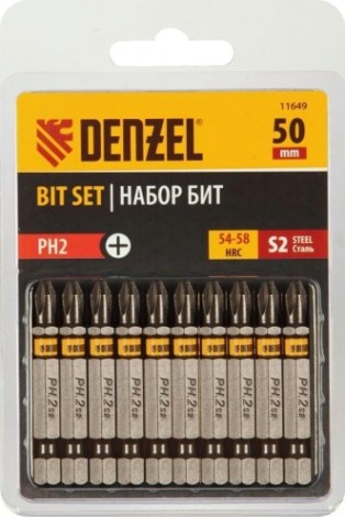Набор бит Denzel PH2х50 сталь s2, шестигранный профиль, 10 шт. [11649]